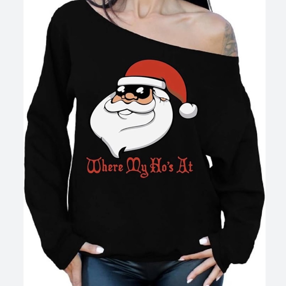 Ugly Christmas womens off shoulder WHERE MY HO’ AT sweater size medium